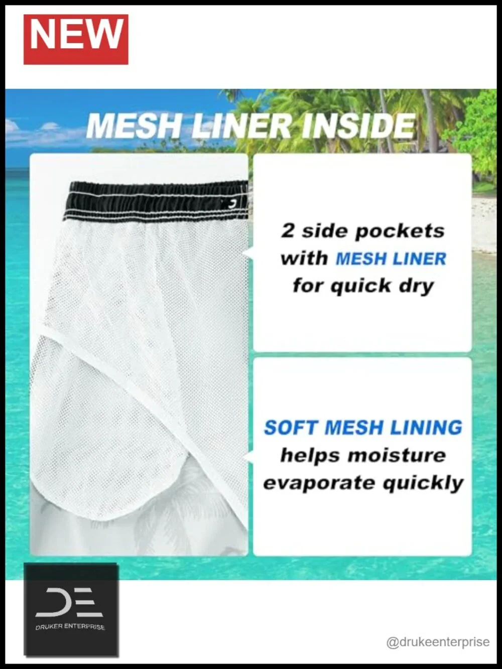 Mens Quick Dry Board Shorts with Mesh Lining UPF 50+ Swim Trunks